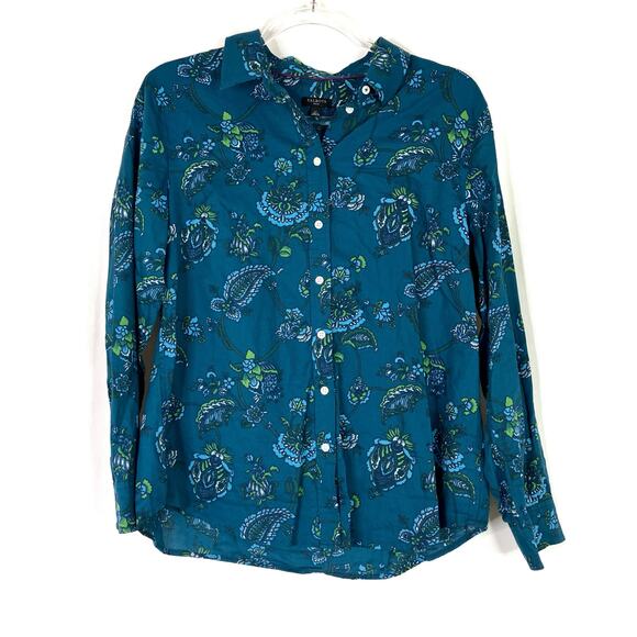 Talbots Petite | Teal Blue Paisley Floral Button Up Blouse 100% Cotton Womens LP - Picture 1 of 6